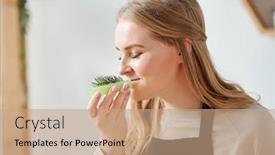  Presentation with smell - Amazing presentation theme having young woman enjoying smell of fresh conifer on top of green handmade soap bar after finishing creative work backdrop and a coral colored foreground