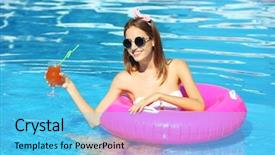  Presentation with swimming pool - Colorful slide set enhanced with young woman enjoying with rubber backdrop and a light blue colored foreground
