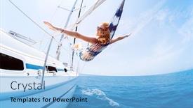  Presentation with sailing - Beautiful presentation theme featuring young-woman-enjoys-tropical-sailing backdrop and a light blue colored foreground