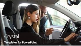  Presentation with car - Presentation theme featuring young-woman-examining-a-new background and a dark gray colored foreground