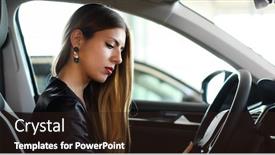  Presentation with car - Presentation theme having young-woman-examining-a-new background and a wine colored foreground