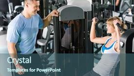  Presentation with exercise trainer - Beautiful presentation featuring young woman exercise on shoulder press machine with personal trainer backdrop and a ocean colored foreground