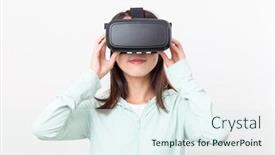  Presentation with experience - PPT theme consisting of young-woman-experience-with-vr background and a sky blue colored foreground