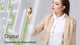  Presentation with maze - Colorful slides enhanced with young woman finding the maze solution writing on whiteboard backdrop and a soft green colored foreground