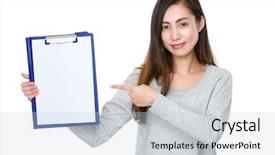  Presentation with finger point - Slide set having young woman finger point to blank page of clipboard background and a lemonade colored foreground