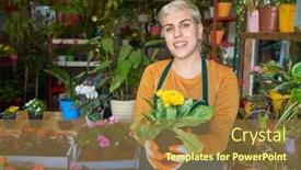  Presentation with nursery - Presentation theme featuring young-woman-florist-holding-houseplant background and a tawny brown colored foreground