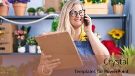  Presentation with smartphone - Presentation with young-woman-florist-talking background and a coral colored foreground