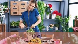  Presentation with flower woman - Presentation theme with young-woman-florist-talking background and a coral colored foreground