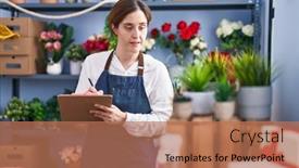  Presentation with writing - Slide deck with young-woman-florist-writing background and a coral colored foreground