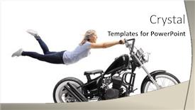  Presentation with motorbike - Audience pleasing presentation design consisting of young-woman-flying-and-holding backdrop and a white colored foreground