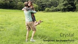  Presentation with lover - Amazing presentation design having young woman flying into the arms of her lover in the middle of a meadow backdrop and a yellow colored foreground