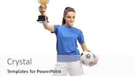  Presentation with gold trophy - Slides with young-woman-football-player-holding background and a white colored foreground