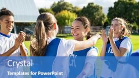  Presentation with victory sport - Theme enhanced with young-woman-football-players-hugging background and a teal colored foreground