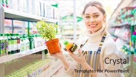  Presentation with chemicals - Beautiful theme featuring young woman gardener buying agricultural backdrop and a  colored foreground