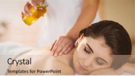  Presentation with massage therapy - PPT theme featuring young woman getting a massage in therapy room background and a coral colored foreground