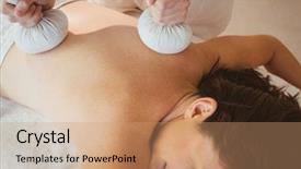  Presentation with massage therapy - Theme featuring young woman getting herbal compress massage in therapy room background and a coral colored foreground