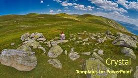  Presentation with inspiration - Theme with young woman getting inspiration in high mountain valley rocky plains background and a tawny brown colored foreground