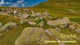  Presentation with inspiration - Theme having young woman getting inspiration in high mountain valley rocky plains background and a tawny brown colored foreground