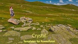  Presentation with inspiration - Slide deck featuring young woman getting inspiration in high mountain valley rocky plains background and a tawny brown colored foreground