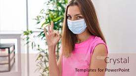  Presentation with aid - Slide deck having young-woman-getting-vaccine-showing background and a coral colored foreground