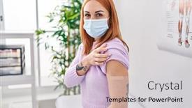  Presentation with aid - Slides consisting of young-woman-getting-vaccine-showing background and a light gray colored foreground