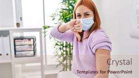  Presentation with aid - PPT theme with young-woman-getting-vaccine-showing background and a coral colored foreground