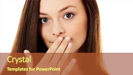  Presentation with woman covering man mouth hand - Cool new presentation theme with young-woman-giggles-covering backdrop and a red colored foreground