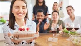  Presentation with birthday cake - PPT theme featuring young-woman-gives-cake background and a coral colored foreground