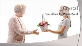  Presentation with white flowers - Slides having young-woman-giving-a-basket background and a white colored foreground