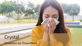  Presentation with allergy - PPT theme having young woman got flower allergy background and a yellow colored foreground