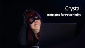  Presentation with hacker - Cool new PPT theme with young woman hacker with laptop backdrop and a black colored foreground
