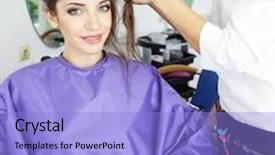  Presentation with beauty salon - Beautiful PPT theme featuring young-woman-hairdresser-do-hairstyle backdrop and a  colored foreground