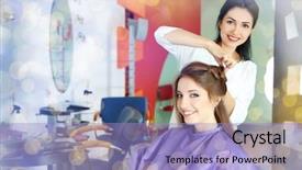  Presentation with salon - Presentation theme having young woman hairdresser do hairstyle girl in beauty salon over blurred lights background and a light blue colored foreground