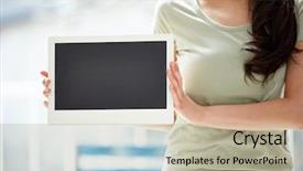  Presentation with hold hand - PPT layouts having young woman hand hold with the blackboard background and a mint green colored foreground