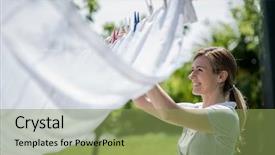  Presentation with laundry - Cool new PPT layouts with young woman hanging up laundry backdrop and a yellow colored foreground