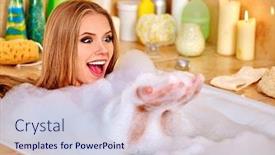  Presentation with young sing woman singing young - PPT theme with young woman happy singing in bathtube background and a lemonade colored foreground