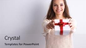  Presentation with gift - Audience pleasing PPT layouts consisting of young woman happy smile hold backdrop and a light gray colored foreground