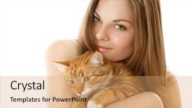  Presentation with control - Amazing presentation theme having young woman has control over the red cat isolated backdrop and a coral colored foreground