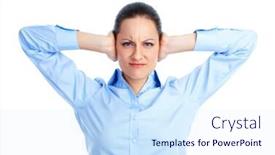  Presentation with head ache - Colorful slide set enhanced with young woman having a head ache stress isolated over white background backdrop and a sky blue colored foreground