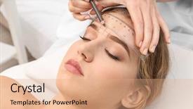  Presentation with beauty salon - Slide deck enhanced with young woman having eyebrow correction background and a coral colored foreground