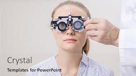  Presentation with vision lens - Cool new presentation theme with young woman having her eye vision examined while looking through optometric lens in clinics backdrop and a soft green colored foreground