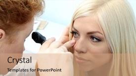  Presentation with optometry - Presentation having young woman having her eye background and a coral colored foreground