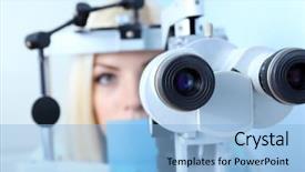  Presentation with eye care - Amazing PPT theme having young woman having her eye backdrop and a light blue colored foreground