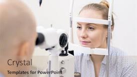  Presentation with eyesight - Presentation theme consisting of young woman having her eyesight checked by special optometric equipment in clinics or hospital background and a coral colored foreground
