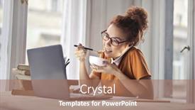  Presentation with lunch - Slide deck featuring young woman having lunch in front of her laptop background and a coral colored foreground