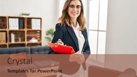  Presentation with psychology - PPT theme enhanced with young-woman-having-psychology-session background and a coral colored foreground