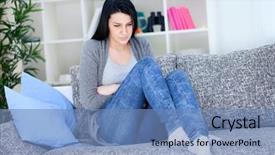  Presentation with stomach - PPT theme featuring young woman having stomach problems background and a teal colored foreground