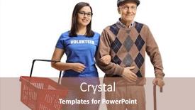  Presentation with helping man - Beautiful PPT theme featuring young-woman-helping-a-senior backdrop and a coral colored foreground