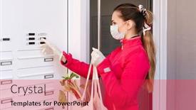  Presentation with neighbors - Audience pleasing PPT theme consisting of young-woman-helping-neighbors backdrop and a red colored foreground