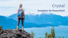  Presentation with rock - Amazing PPT theme having young-woman-hiker-stands backdrop and a sky blue colored foreground